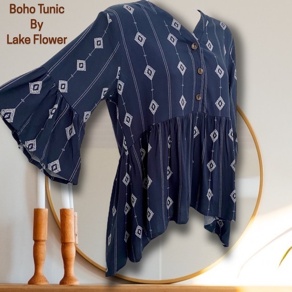 Navy & White Southwest Boho Tunic Blouse‎ By Lake Flower - Picture 1 of 8